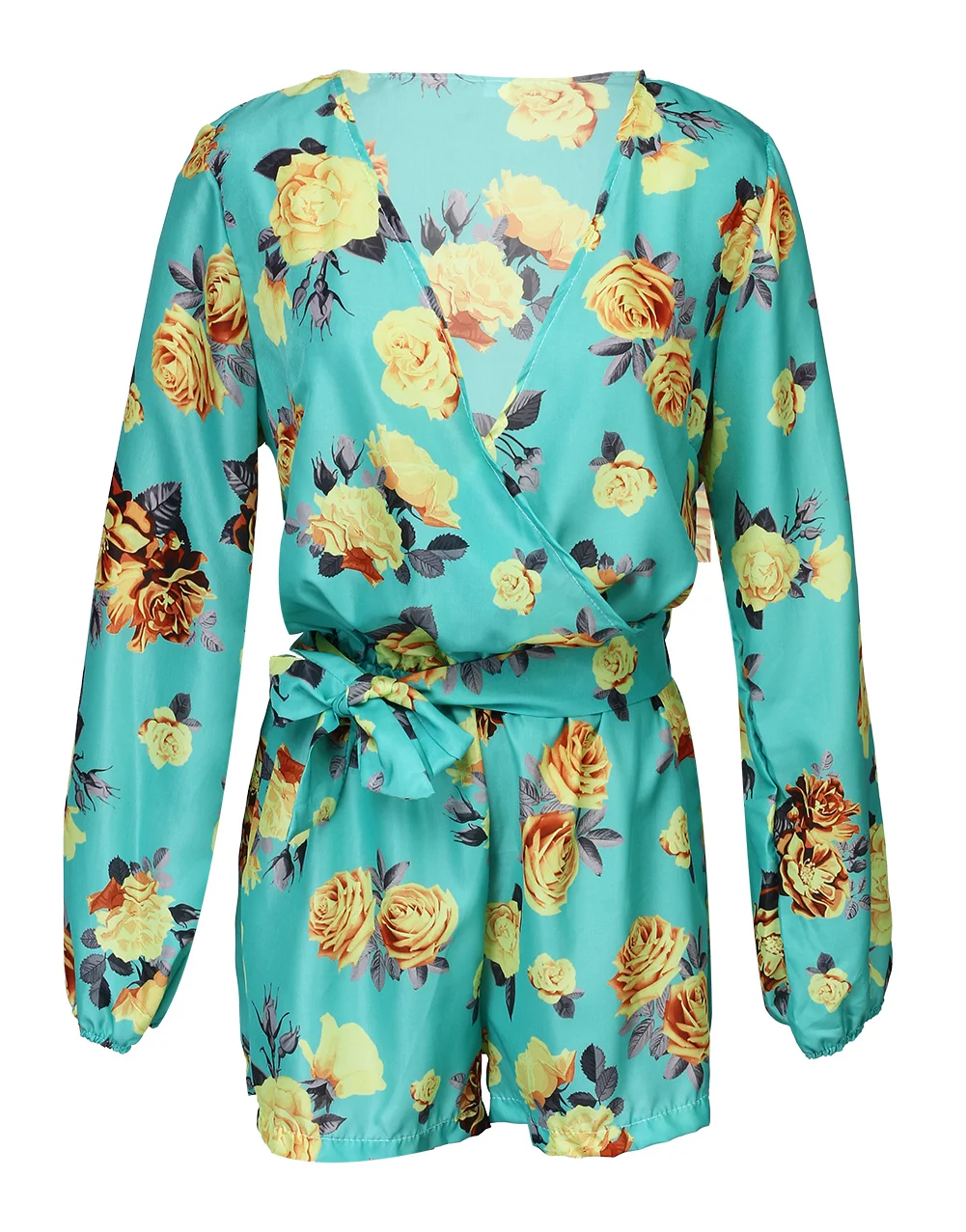 Лето 2016 новый стиль цветочный принт женский короткий комбинезон глубокий