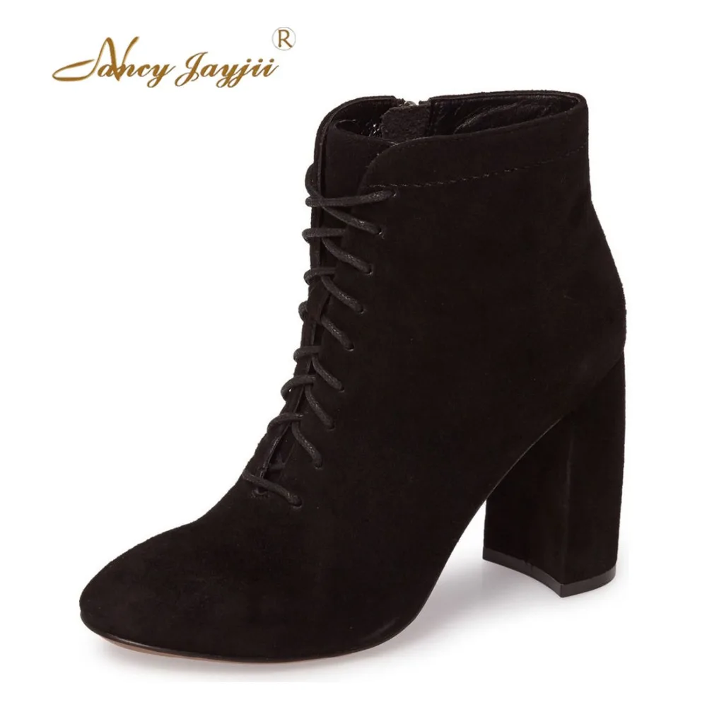 

Supperstar Womens Black Suede Round Toe Lace Up High Thick Heels Mid-Calf Boots Fashion Zipper Decoration Shoes Nancyjayjii 4-16