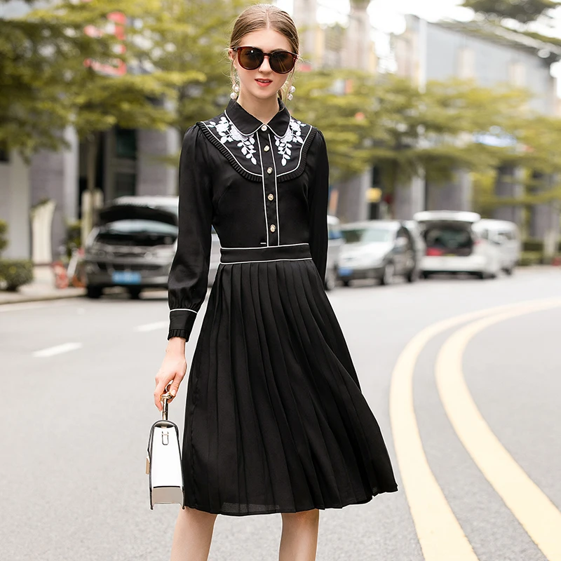 2019 Autumn Elegant Pleated Dress High Quality Fashion Full Sleeve Turn-down Collar Black | Женская одежда