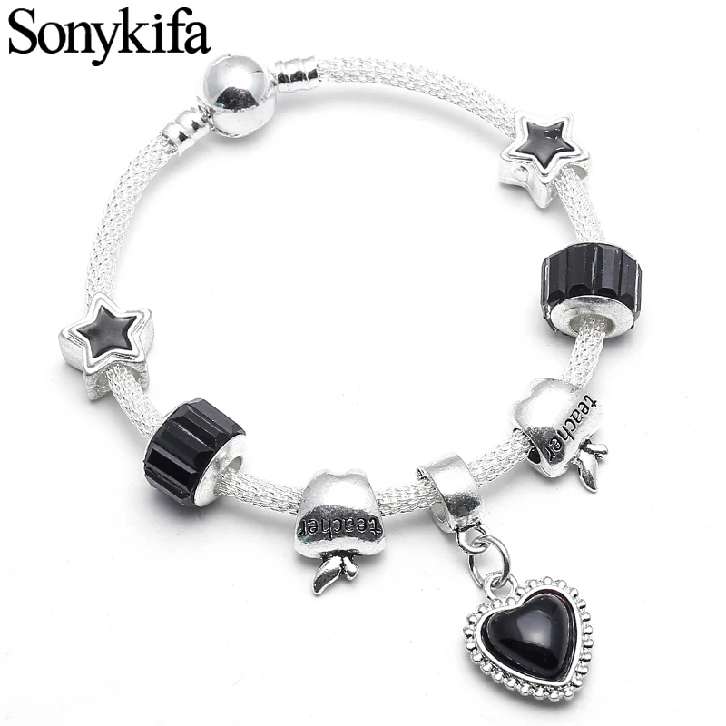 Sonykifa Модный кулон с сердечком и черные бусины прекрасный браслет красивым Шармом