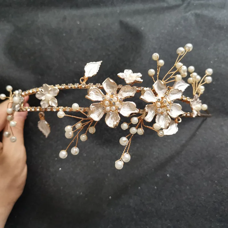 SLBRIDAL золотые стразы жемчуг цветок лист свадебная тиара головная повязка корона