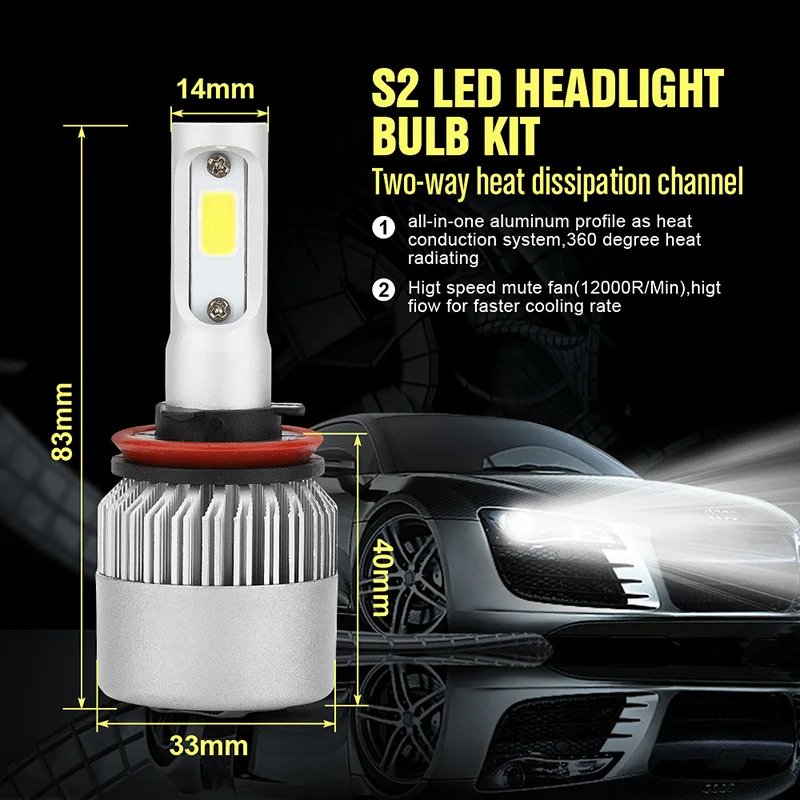1 пара S2 H4 H7 H1 COB светодиодный головной светильник H11 H13 12V 9005 9006 H3 9004 9007 9012 80W 8000LM