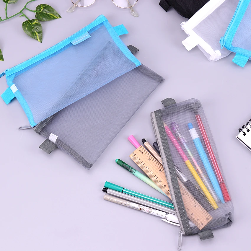 

Simple Transparent Mesh Pencil Case Office Student Pencil Cases Nylon Pencil Bags School Supplies Pen Box 1PC