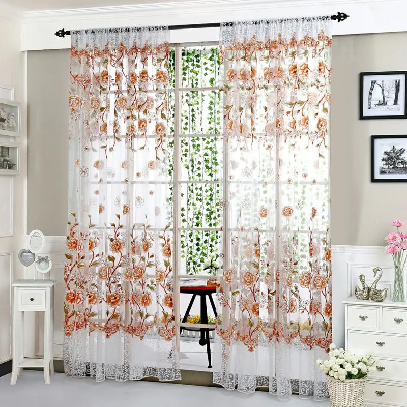 Flower Print Window Curtain Divider Tulle Voile Drape Panel Sheer Scarf Valances