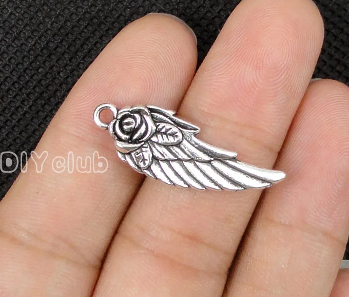 

50pcs-Antique Silver 2 Sided Rose Flower Angel Wing Charms Pendant 31x11mm