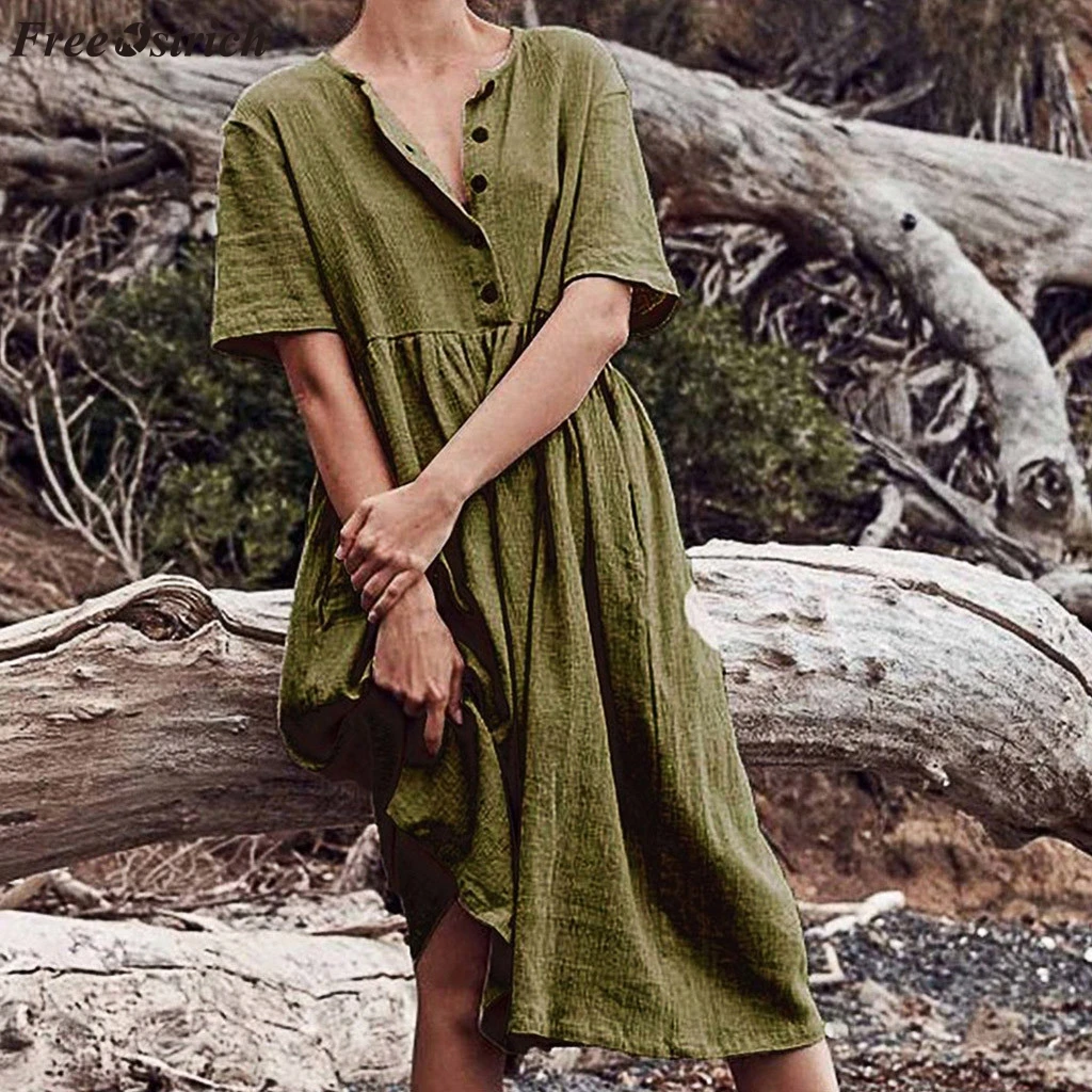 Женское Повседневное платье с о-образной застежкой однотонное хлопковое и