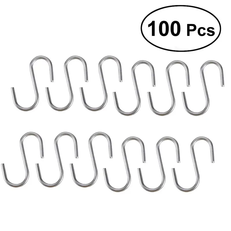 100pcs Stainless Steel S Shaped Hooks Kitchen Spoon Pan Pot Utensils Hangers Clasp Over The Door Closet Clothes Rack Tool