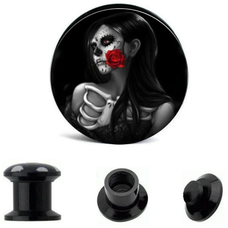 2 шт. УФ акриловый череп ухо Вилки серьги датчики Панк цветок штекер уха Конус