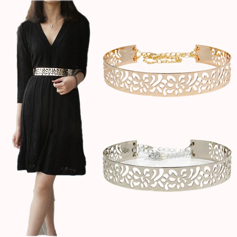 Women Summber Gold & Silver Full Metal flower Belt Shinny like  Mirror Waist Belt for Dress Cummerbund Hook with Chain bg-071