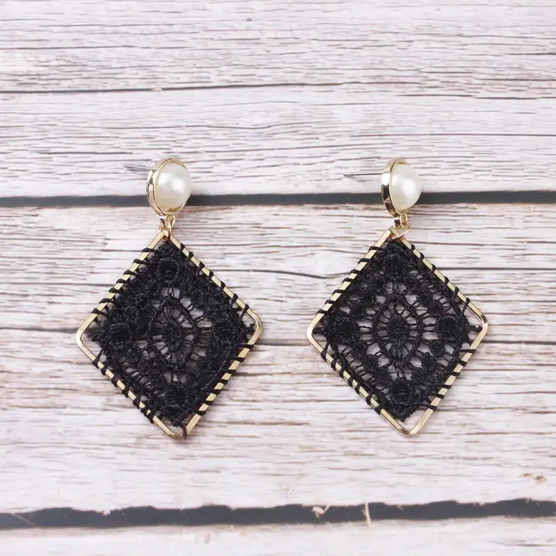 ZWPON Rhombus Tatting Black Lace Earrings for Women Jewelry Wholesale | Украшения и аксессуары