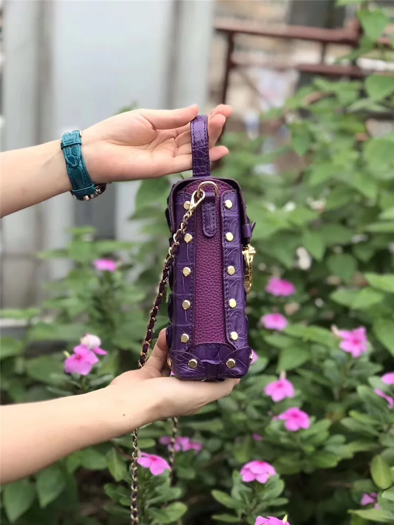 Модная дизайнерская женская мини-коробка с гвоздиками из натуральной крокодиловой кожи, женские телефонные клатчи, женская сумка на плечо на цепочке