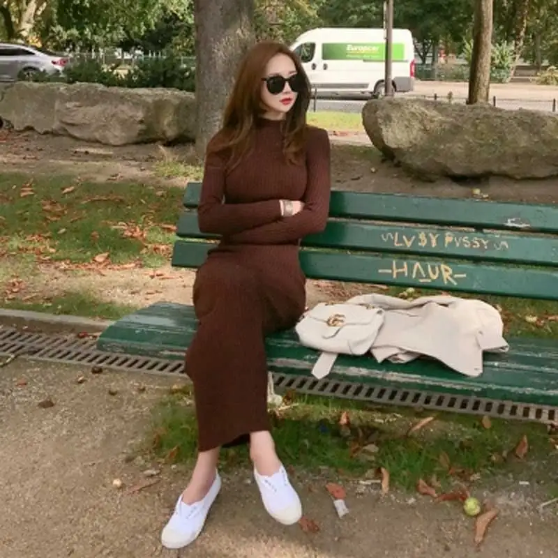 

Winter Autumn Women's Dress 2018 Long section Sweater Slim Thickening Knit Dress Thicken Hong Kong Style Pullover Sweater Z042