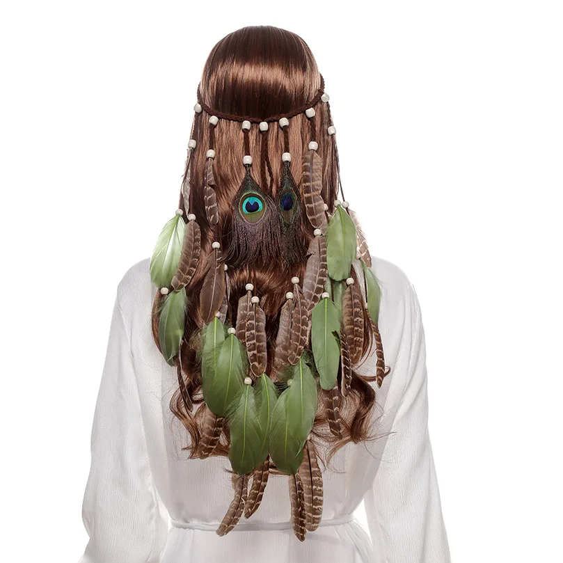 Женская повязка на голову AWAYTR регулируемая в стиле бохо с перьями павлина