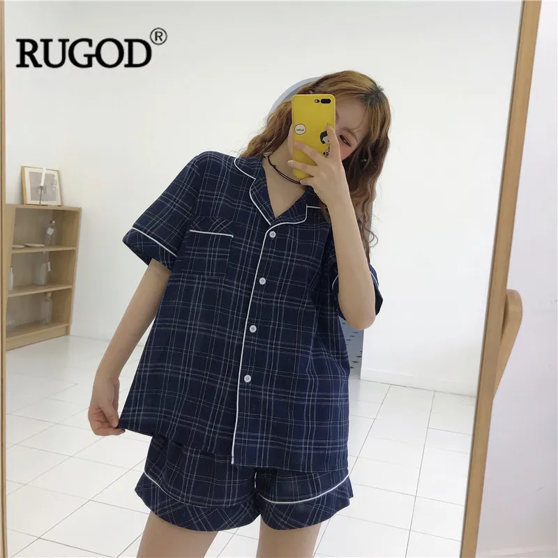 RUGOD Новая Винтажная клетчатая пижама, женская модная рубашка с коротким рукавом+ шорты, комплект из двух предметов, одежда для сна, Повседневная пижама