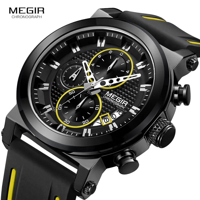 Megir Men's Sports Quartz Watches Silicone Strap Chronograph Army Wrist Watch Man Relogios Masculino Waterproof 3 Bar 2100 Black |