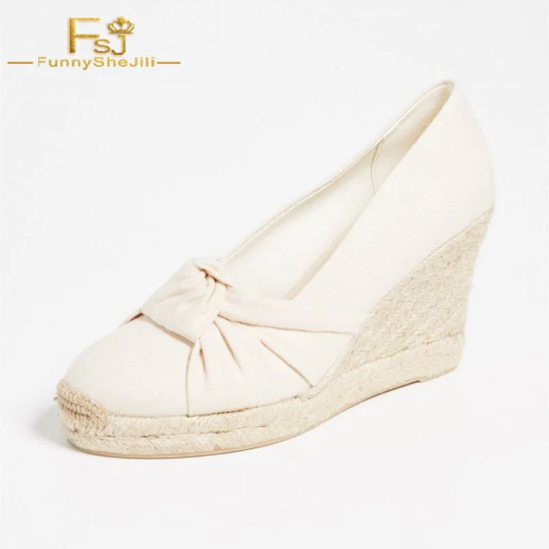 

FSJ Women Shoes Ladies Pumps Beige Espadrille Wedges Wedding Round Toe Platform 2021 Spring Autumn Plus Size 44 45 46