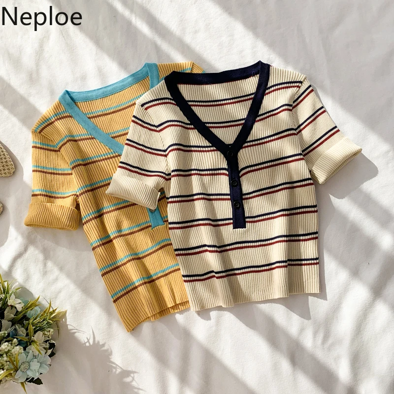 Neploe трикотажная Корейская футболка в полоску Приталенная с v образным вырезом и