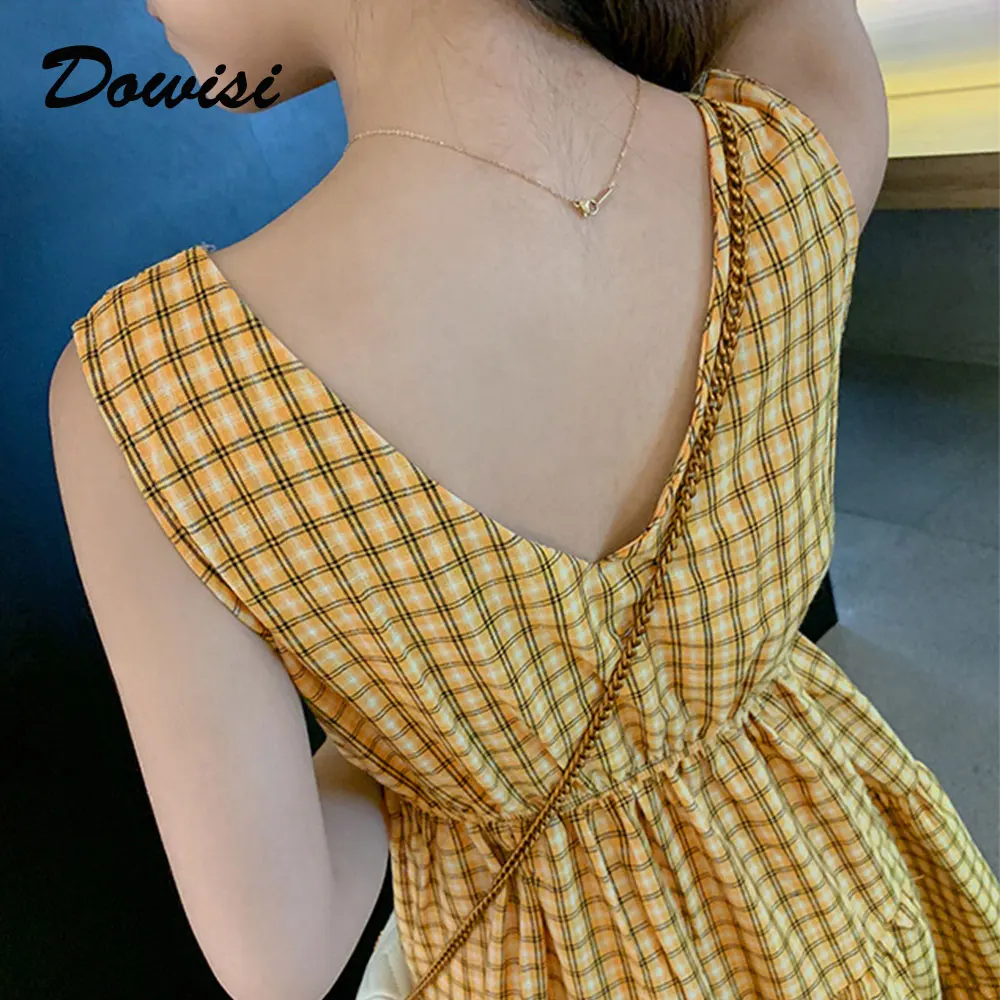 Dowisi женское летнее сексуальное платье без рукавов платья в клетку с v образным