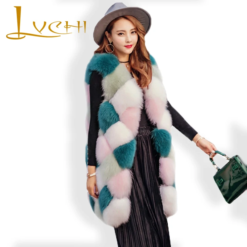 

LVCHI Fashion Casual Women Fox Fur Vest Coat Winter Warm Finland Fox Fur Jacket O Neck Colorful Party Fur Fox Women Furs Vest