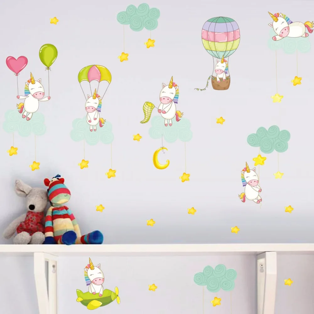 Funny unicorn wall stickers for Kids room bedroom vinyl balloon stars decals self-adhesive wallpaper diy poster dc8 | Дом и сад