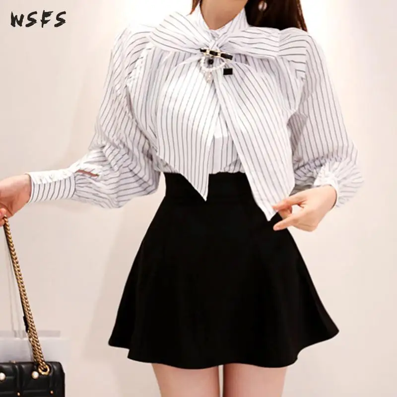 

Autumn 2 Pieces Set White Striped Bow Shirt Full Sleeve Tops Lady Bandage Black Mini Aline Skirt Elegant Sexy Party Womens Dress