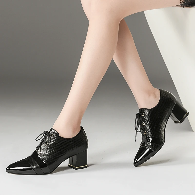 

ISNOM Thick High Heels Women Pumps Lace Up Pointed Toe Footwear 2019 Spring Lady Shoes Fashion Patent Leather Office Shoes Woman