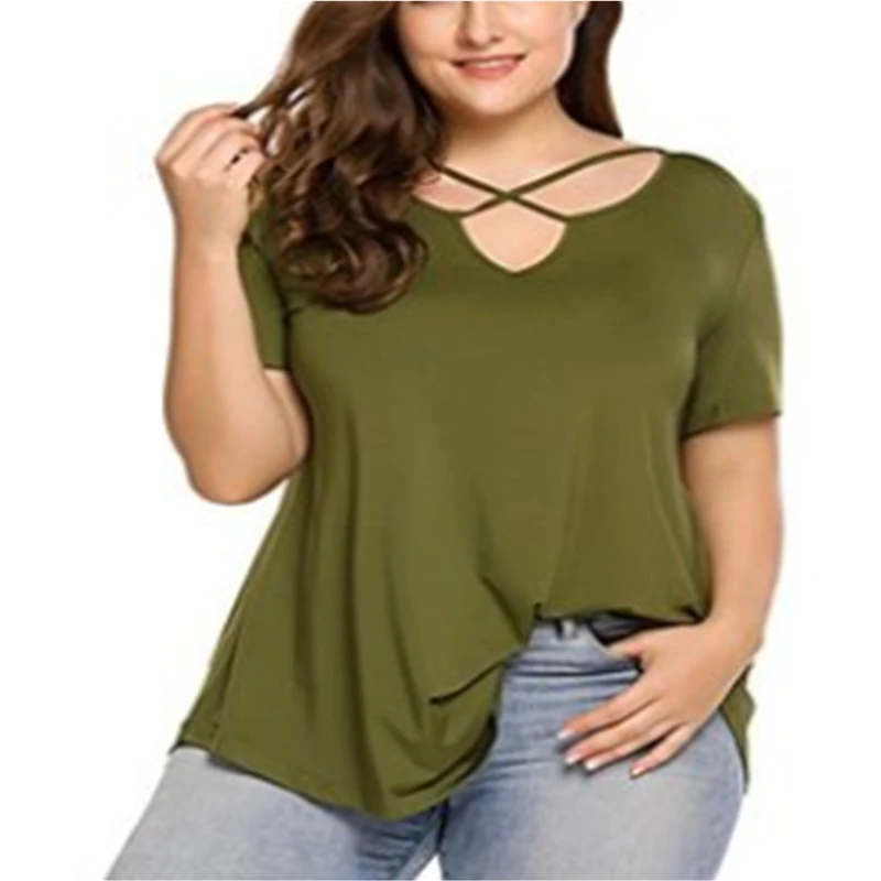 Женская однотонная блузка с V образным вырезом и коротким рукавом|plus size blouses|big