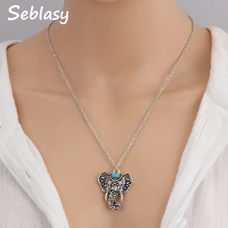 

Seblasy Vintage Bohemian Clavicle Chain Hollow Natural Stone Beads Animal Elephant Pendant Necklaces for Women Jewelry Colares