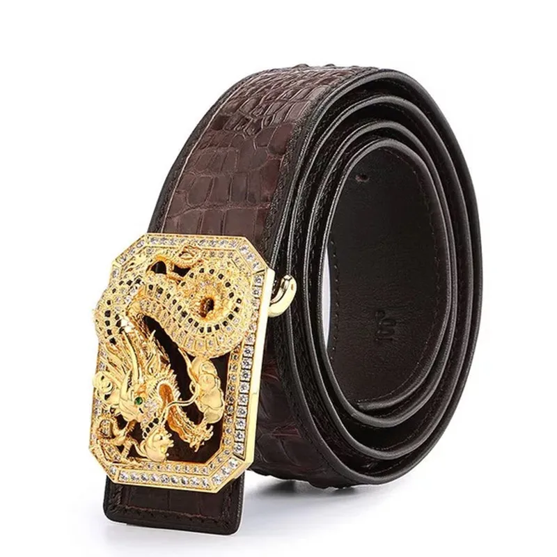 Fashion Genuine Crocodile Leather Waist Strap for Men Exotic Alligator Skin High Quality Stainless Steel Dragon Buckle Belts