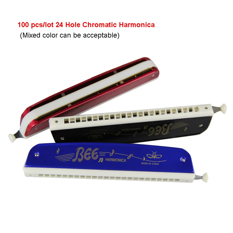 

100 pcs/lot Popular Bee 24 Hole Chromatic Harmonica C Key Polyphony Harmonicon Black Octave-tuned Mouth Organ Harmonica