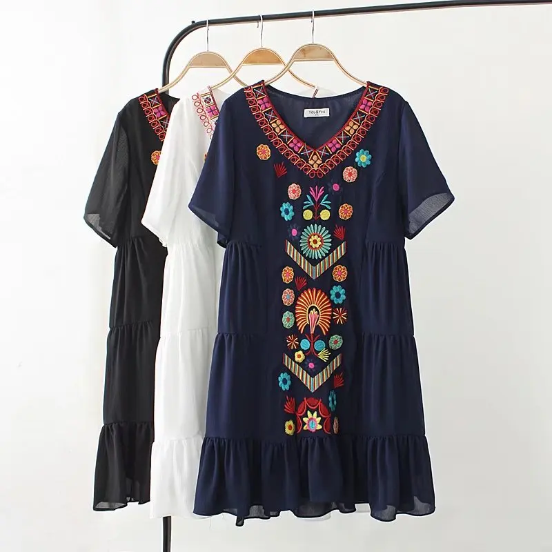 Женское шифоновое платье с вышивкой и V образным вырезом коротким рукавом|vestidos