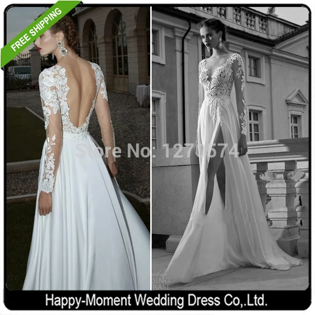 2014 Berta Front Slit Chiffon Long Sleeves Lace Beach Wedding Dress 2015 Elegant A Line Bridal Gown vestido de noiva(HM-W51) | Свадьбы и
