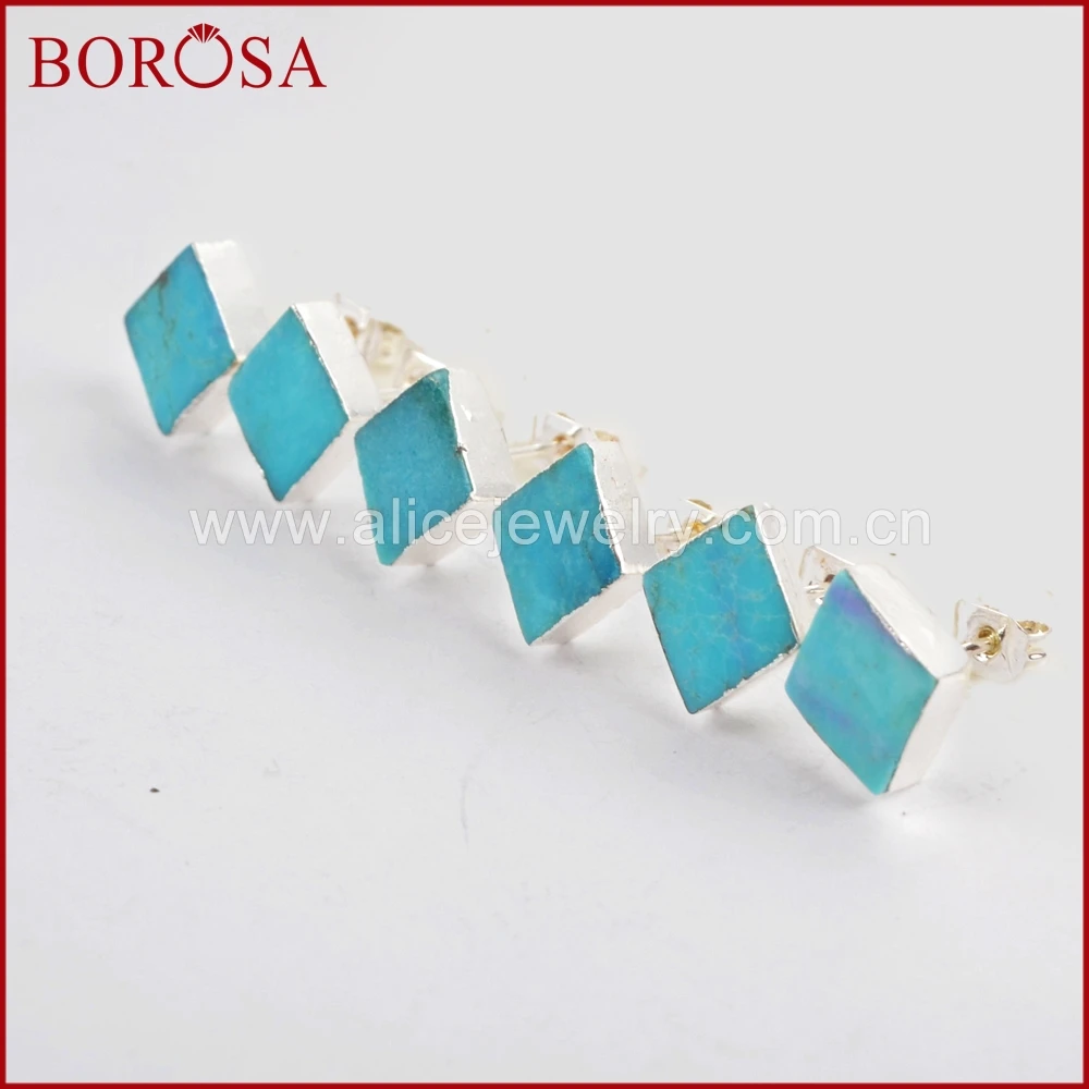 

BOROSA Rhombus 100% Natural Blue Stone Stud Earrings for Women, Stylish Druzy Silver Color Natural Blue Stone Stud Earring S1321