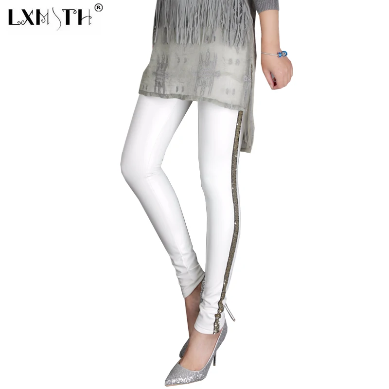 XL 2XL 3XL Весна Плюс Размер белые леггинсы брюки женские с блестками полосатые