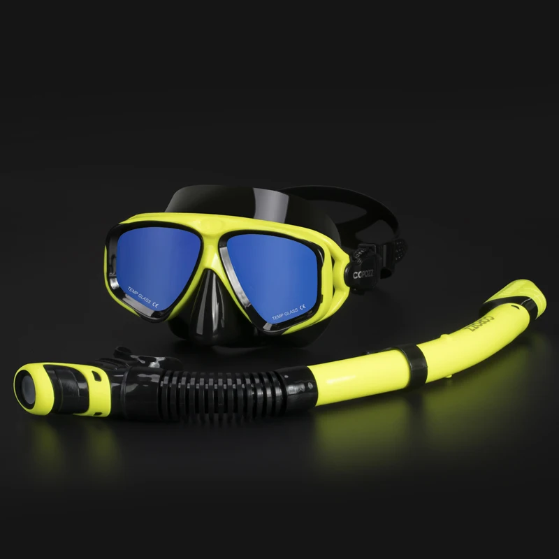 Mirrored yellow set Copozz, новинка, профессиональная маска для подводного плавания, трубка, противотуманные очки, трубочка с очками для напитков, набор для мужчин и женщин, силиконовый Плавательный Бассейн, Экипировка для мужчин - Цвет: Mirrored yellow set