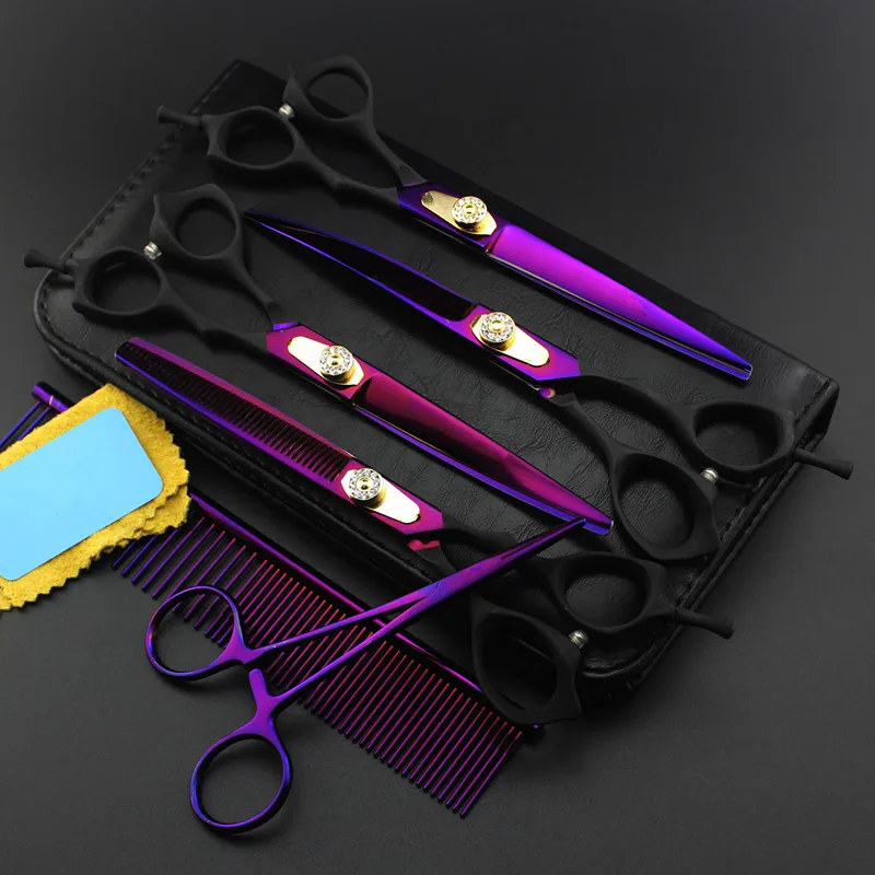 6 kit Professional Japan 7 inch purple pet grooming hair scissors set cutting shears dog thinning barber hairdressing scissors