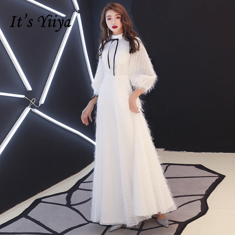 

It's Yiiya Prom Gowns White Simple High Neck Three Quarters Sleeves A-line Floor Length Customized Party Long Prom Dresses E433