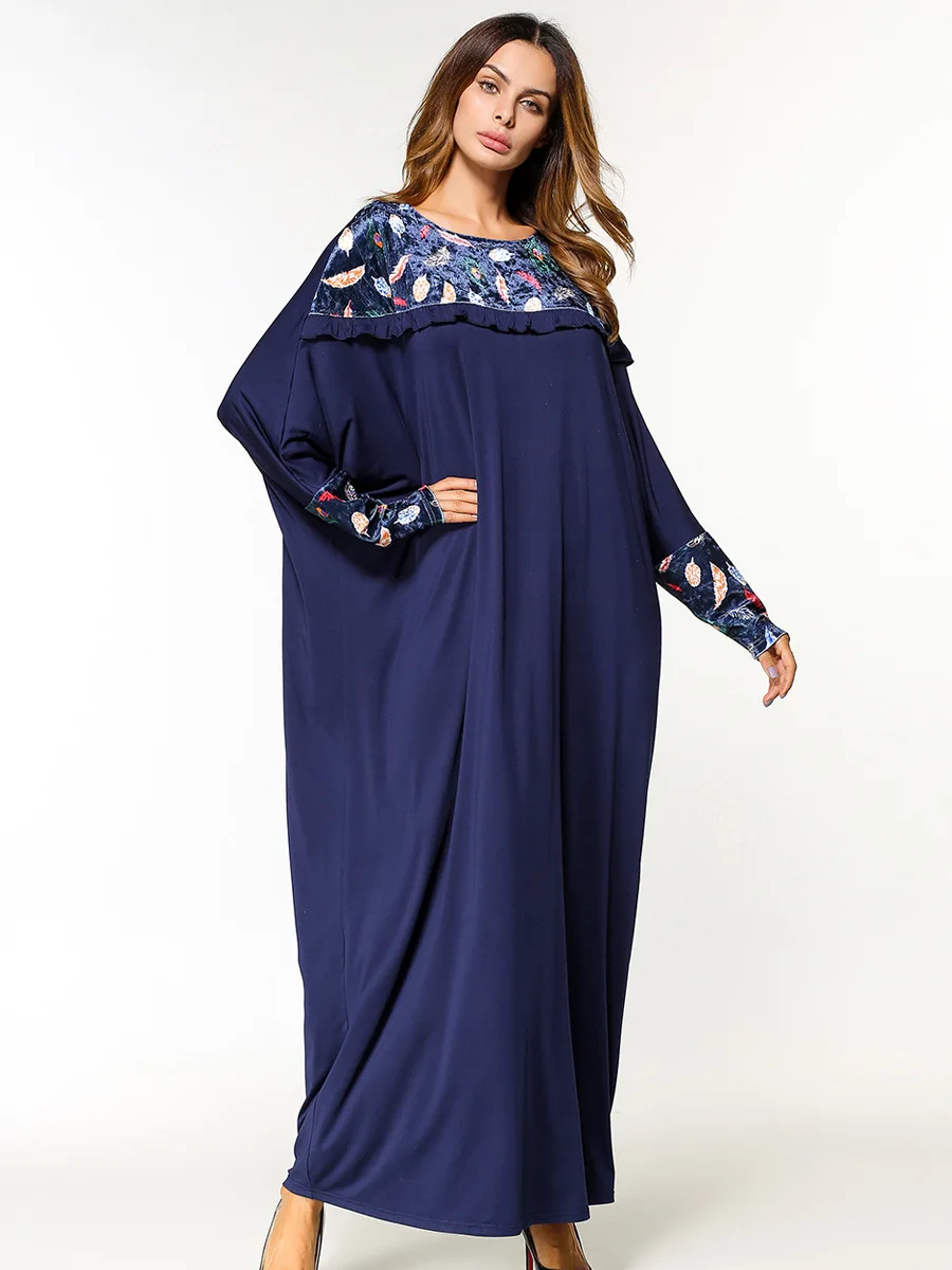 Женское платье Moslim abaya Дубай 2018 синее длинное рукав летучая мышь турецкое