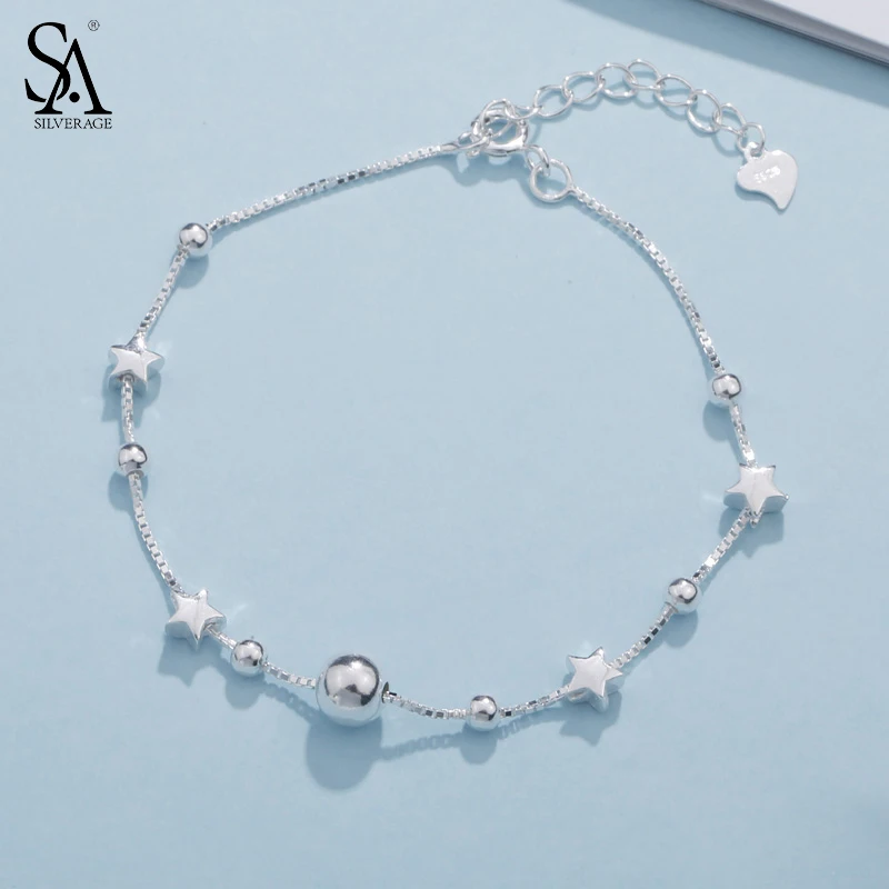 SA SILVERAGE 925 Silver Star Ball Chain Link Bracelets Pulseira Feminina Sterling Charms Bangles for Women | Украшения и