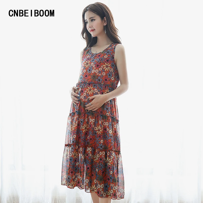 Fashion pregnant women Maternity wear flower dress chiffon sleeveless long summer sea side holiday clothes | Мать и ребенок