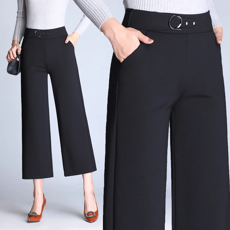 

Spring Autumn Women Plus Size Wide Leg Pants Ankle Length 9XL 7XL 5XL High Waist Elastic Loose Pants Black Trousers 1772