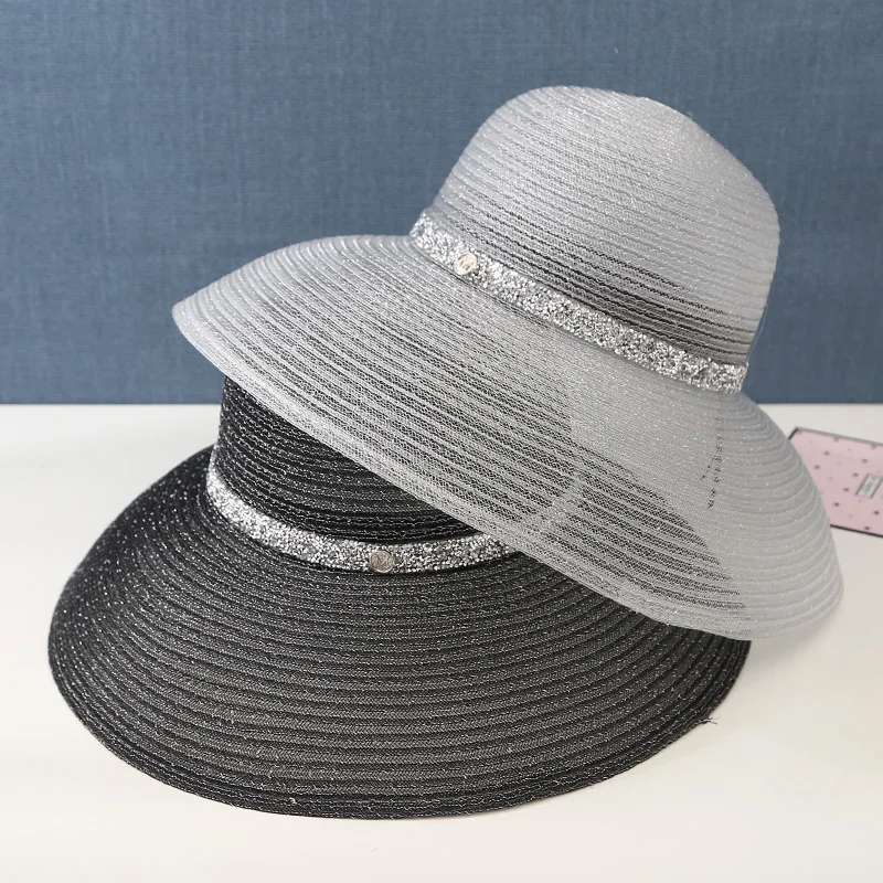 Summer Elegant Wide Brim Beach Hat Hepburn Style Rhinestone Belt Sun Hats Female Foldable UV Protection Sun Visor Caps