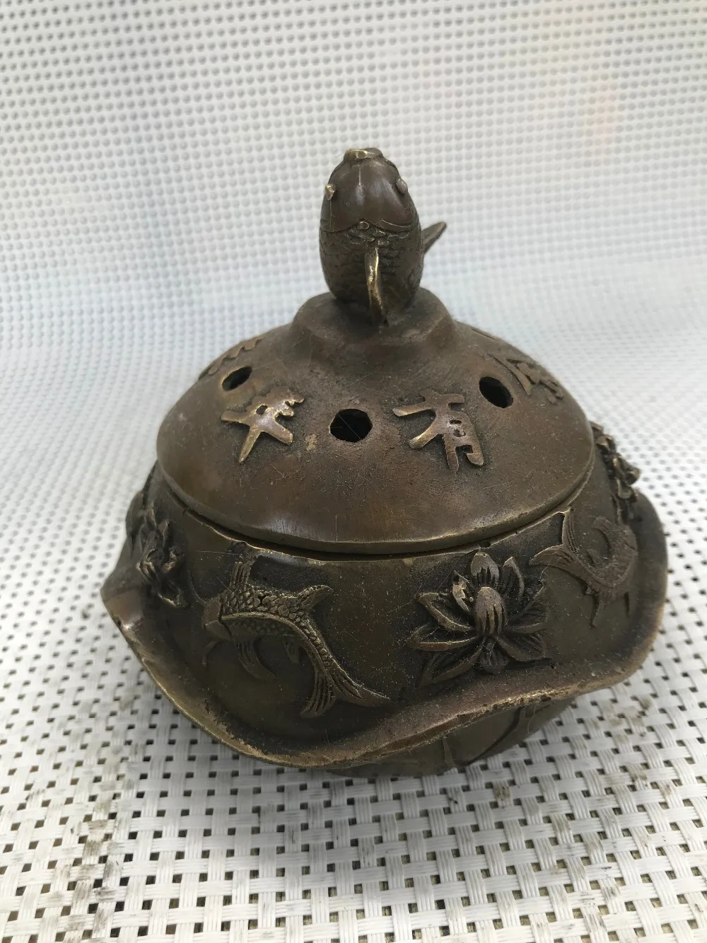 

Chinese Collectible Copper statue Incense stove hand-made carp lotus Incense Burners statues for decoration Home Decoration