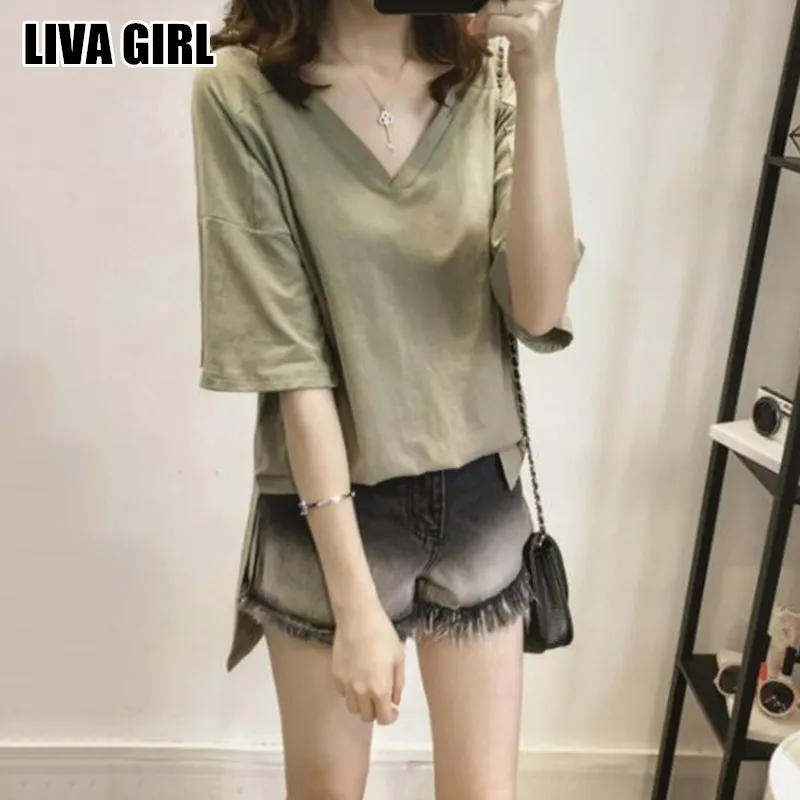 Элегантная модная женская футболка Liva Girl новые стильные однотонные рубашки с V