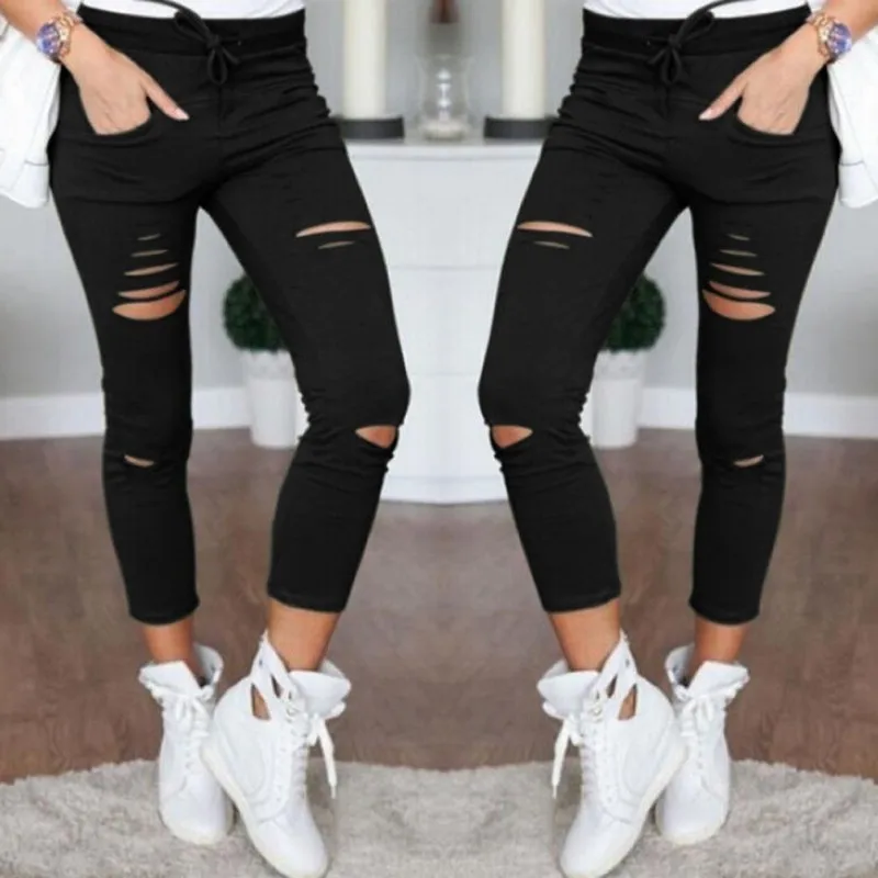 Женские рваные обтягивающие джинсы с высокой талией ed Jegging Брюки скинни с высокой талией рваные, Стретч узкие брюки