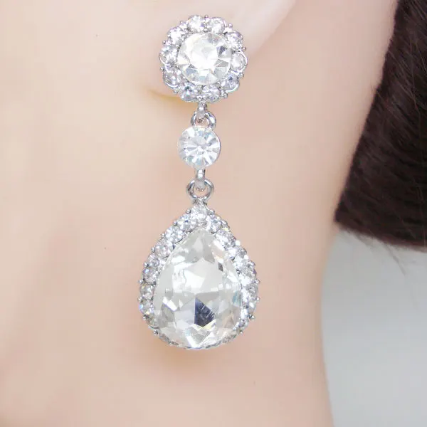 

Clear Bride Flower Teardrop Earrings Austrian Crystal Fashion Bridal Jewelry