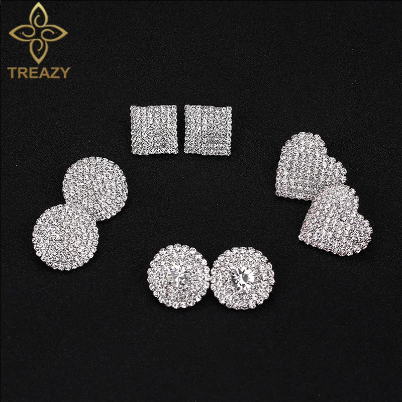 TREAZY Silver Color Rhinestone Sqaure/Round/Heart Stud Earrings For Women Fashion Wedding Prom Jewelry Gifts Femme Brincos
