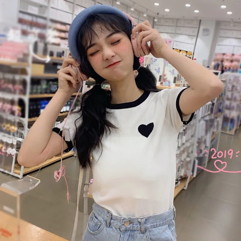 Women's Summer Color Block Heart Embroidery O Neck Knitted Short Sleeve Knitwear Pullover Women T shirt | Женская одежда