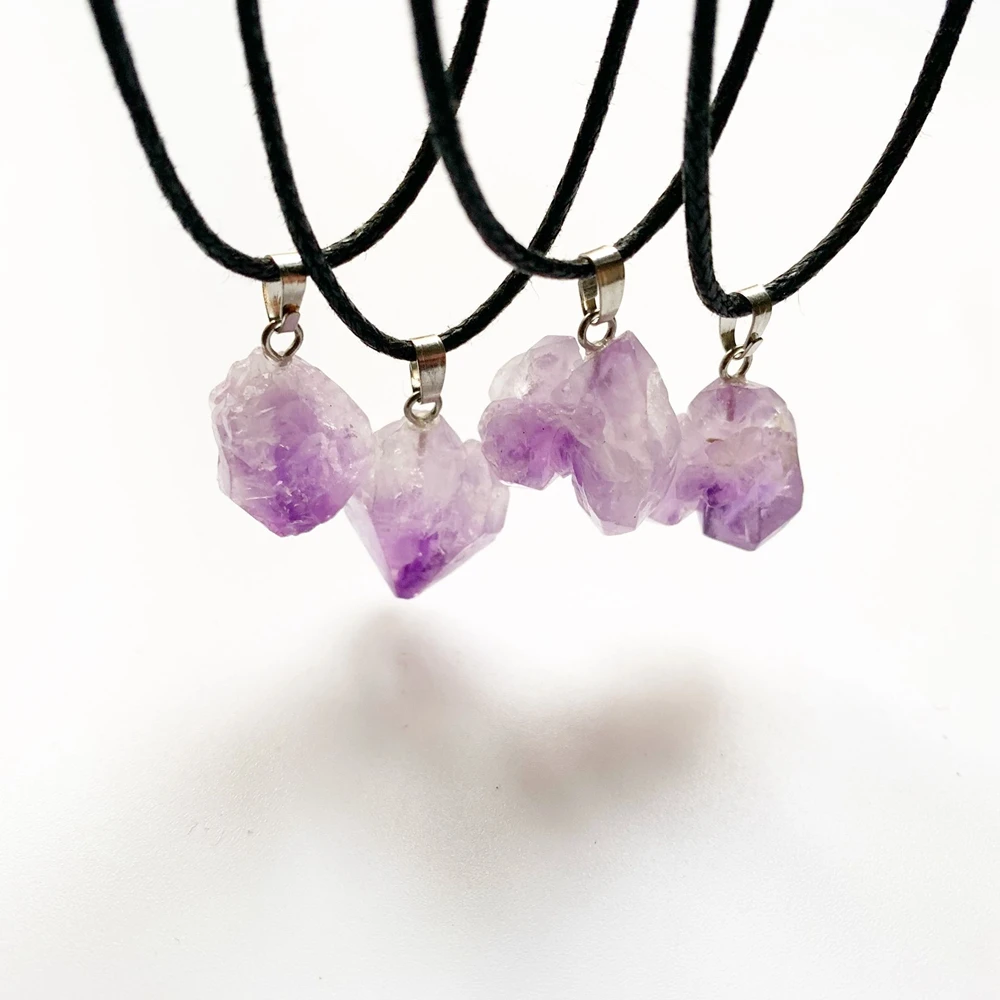 

Natural Amethyst Stone Quartz Crystal Purple Reiki Healing Point Stone Druzy Pendant Irregular Shape Necklace Wax Rope Handmade