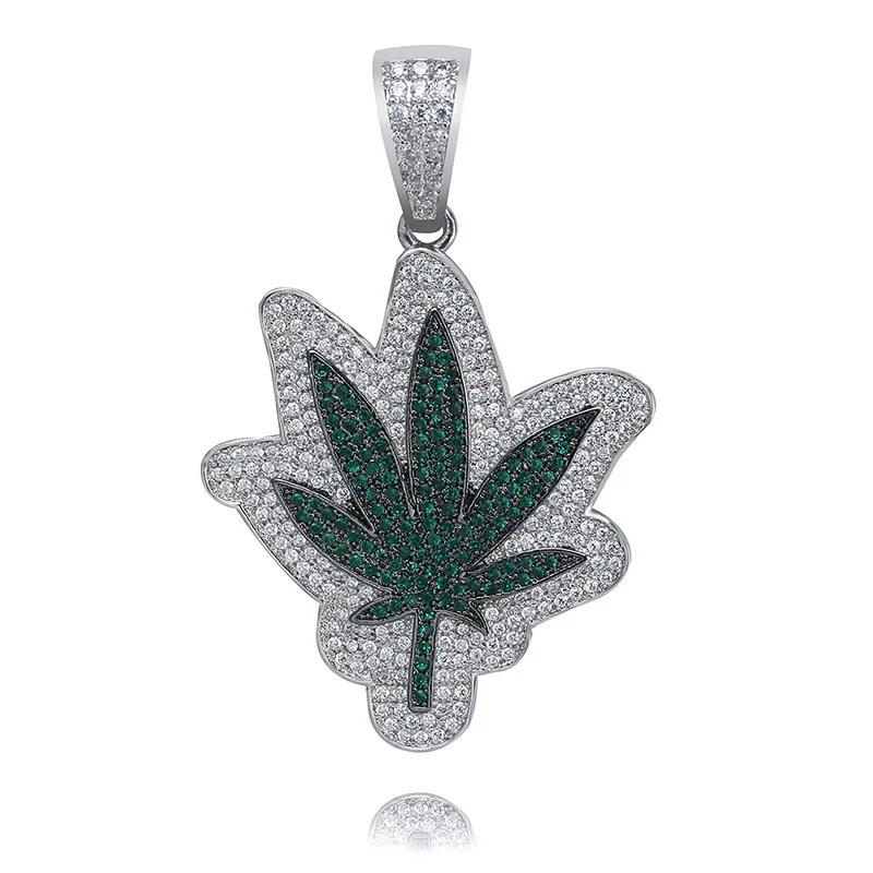 Ice Green Maple Leaf Hip Hop Necklace Pendant Full Zircon Men's and Women's Necklace Jewelry